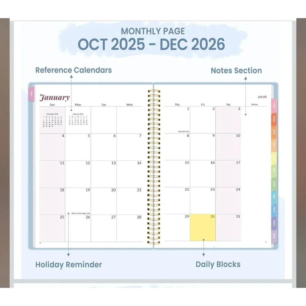 2026 Planner Weekly/Monthly Jan-Dec Monthly Agenda w/ Tabs  - Blue